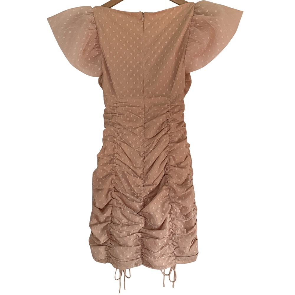 LPA Blush Pink Ruched Polka Dot Mini Dress XS Puff Sleeve Cutout Tie Front - Picture 4 of 6